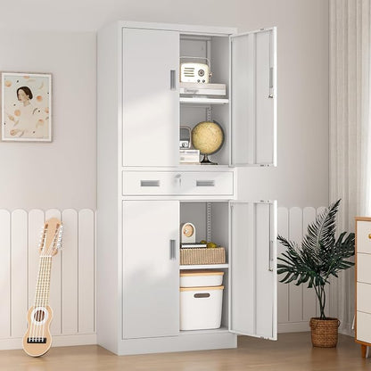 Wanfu Metal Storage Cabinet, 71" H x 28" W x 16" D Locking Storage Cabinet with 2 Adjustable Shelves and 1 Drawer for Office, Garage, Home, School, Utility(White)