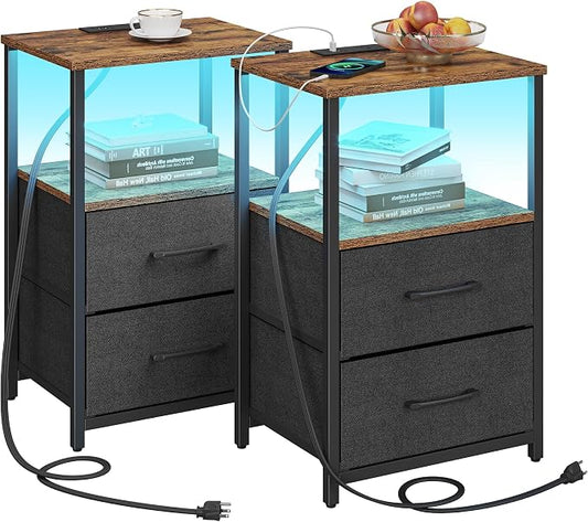 TUTOTAK LED End Table with Charging Station, Nightstand with Cloth Drawer, Side Table with 1 USB Port and 1 Type-C Port, Set of 2, Couch Table, Brown and Black TB01BB052KL