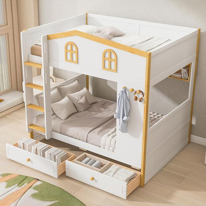 Bellemave Bunk beds Twin Over Twin with Twin Size Drawers, Low bunk Bed for Kids Adults and Teenagers，White