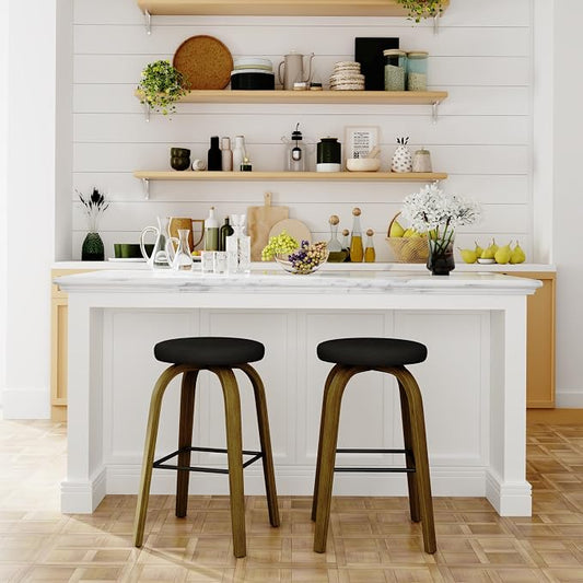 Bar Stools Set of 2, Counter Height Backless Bar Stools, 26" Swivel Barstools Kitchen Chair with Upholstered Fabric Seat, Black