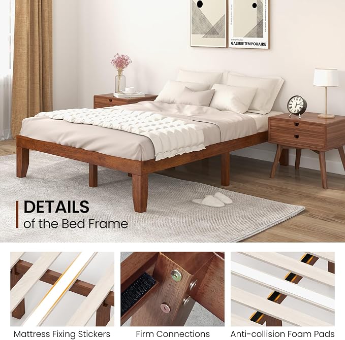 KOMFOTT 14 Inches Wood Platform Bed Frame Full Size, Wooden Mattress Foundation with Rubber Wood Frame, Strong Wooden Slat Support, No Box Spring Needed, Bed Frame (Brown Cherry)
