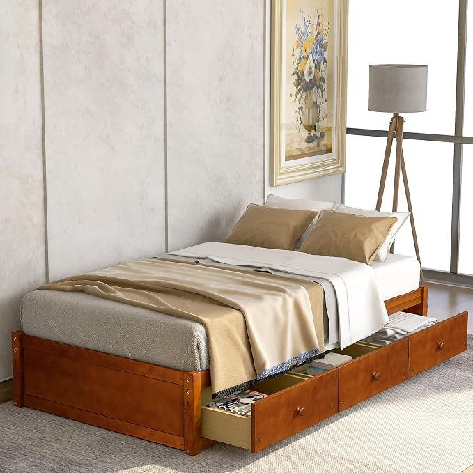 Merax Wood Captain's Platform Storage Bed with 3 Drawers,Classic Bed Frame No Box Spring Needed Twin, Oak