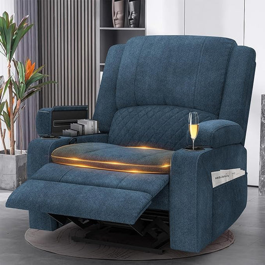 Yolsali Recliner Chairs for Adults, Oversize Manual Reclining Chair with 2-Tier Cushions, Recliner Chair with Hidden Storage Space, Living Room Recliner Chairs with Cup Holders - Fabric Blue