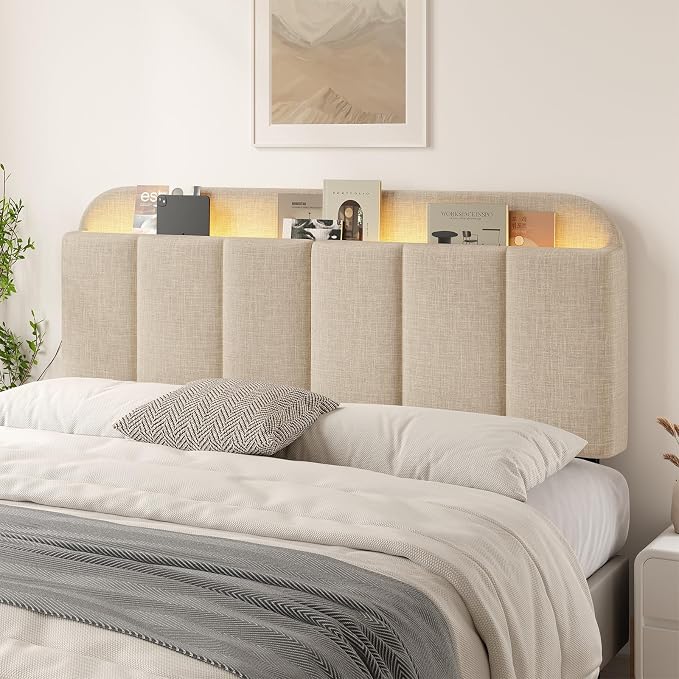 Headboard for Full/Queen Size with LED Light, Upholstered Bed HeadBoard with Storage, Linen Fabric Head Board with Vertical Channel Design, Height Adjustable, Easy to Assemble, Beige