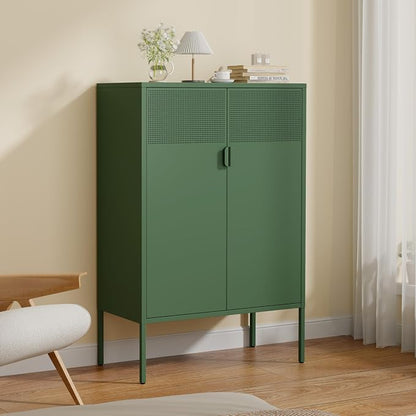 47''H Green Metal Storage Cabinet with 2 Adjustable Shelves, 2 Door Accent Cabinet, 3-Tier Metal Locker with Vent Hole, TV Stand for Entryway, Home Office, Music Studio, Home Office