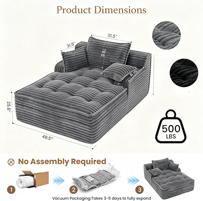 67'' Chaise Lounge Chair Indoor, Oversized Corduroy Upholstered Boneless Sofa Bed, Sleeper Couch Reading Chairs with 3 Pillows, Cloud Sofas Couches for Living Room, No Assembly Required (Grey)