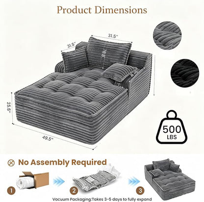 67'' Chaise Lounge Chair Indoor, Oversized Corduroy Upholstered Boneless Sofa Bed, Sleeper Couch Reading Chairs with 3 Pillows, Cloud Sofas Couches for Living Room, No Assembly Required (Grey)