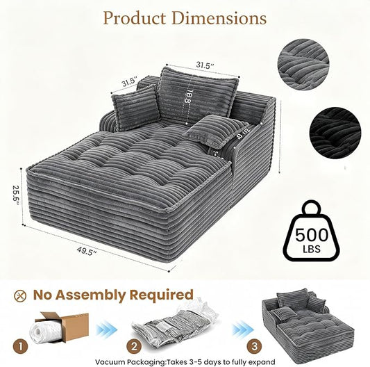 67'' Chaise Lounge Chair Indoor, Oversized Corduroy Upholstered Boneless Sofa Bed, Sleeper Couch Reading Chairs with 3 Pillows, Cloud Sofas Couches for Living Room, No Assembly Required (Grey)