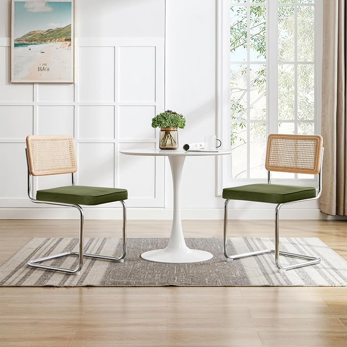 Zesthouse Natural Rattan Dining Chairs Set of 6, Olive Green Modern Kitchen Chairs with Solid Wood Back & Chrome Base, Mid Century Breuer Design Inspired, Upholstered Luxurious Velvet Fabric
