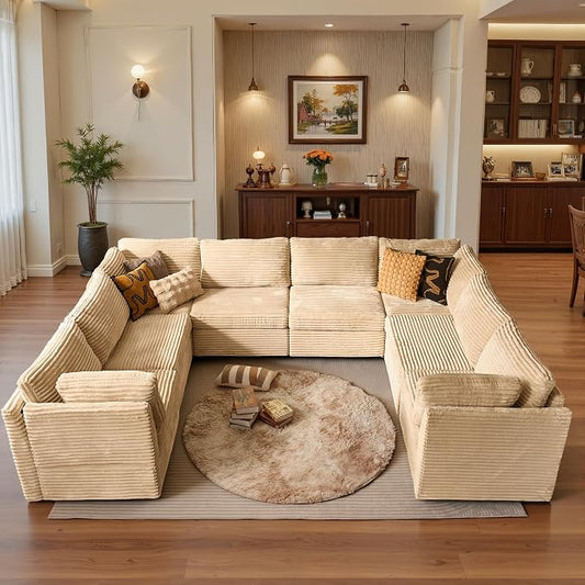 ovios Modular Sectional Sofa Couch with U-Shape Chaise Oversized, Comfy Plush Corduroy Cloud Couches, Modern Luxury Deep Seat Sofas Set for Living Room, 8-Seater, Beige