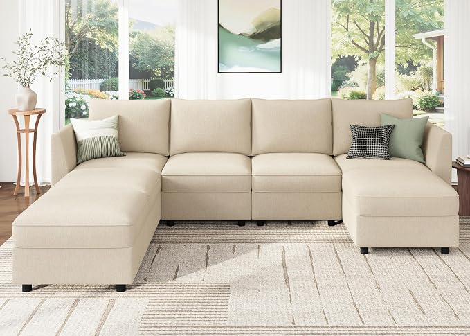 HONBAY Modular Sofa U Shaped Sectional Couch with Storage, Convertible Modular Sofa 7 Seats Sectional for Living Room - Beige