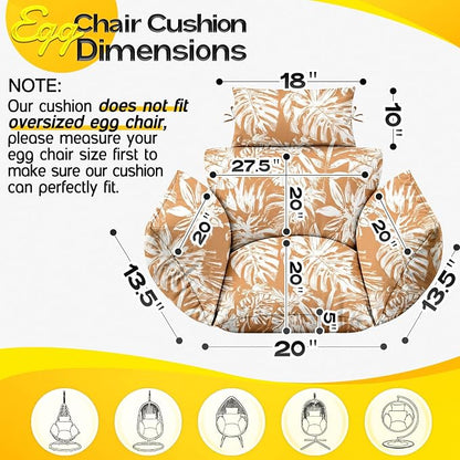 MAGIC ELEPHANT Egg Chair Cushion, Memory Foam Indoor Outdoor Hanging Egg Chair Cushion Replacement, Patio Basket Swing Cushion with Headrest (Rust Orange Monstera)