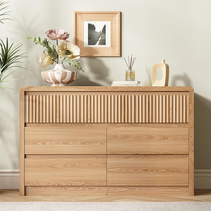LYNSOM 7 Drawer Dresser for Bedroom, 50" Wide Fluted Dresser with Curved Corners, Wood Dressers & Chests of Drawers with Dual-Panel Design for Bedroom, Entryway, Oak