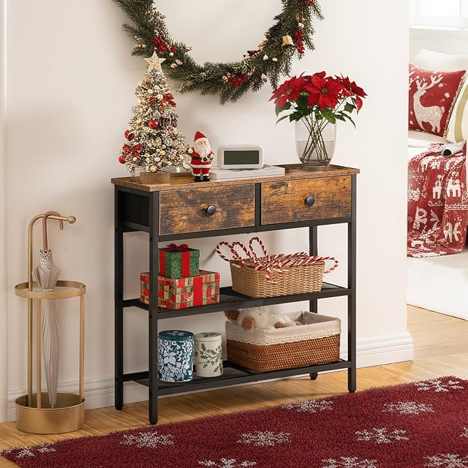 HOOBRO 29.5" Narrow Console Table with 2 Fabric Drawers, Sofa Table, Small Entryway Table with 3-Tier Storage Shelves, Behind Couch Table, for Living Room, Hallway, Rustic Brown and Black BF72XG01