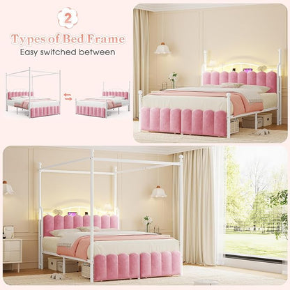 Homkdom Canopy Bed Frame Queen Size with Upholstered Storage Headboard and Charging Station & LED Lights, 2 Oversized Drawers,Heavy-Duty Support, No Box Spring,Quiet Sleep,Easy Assembly, Pink