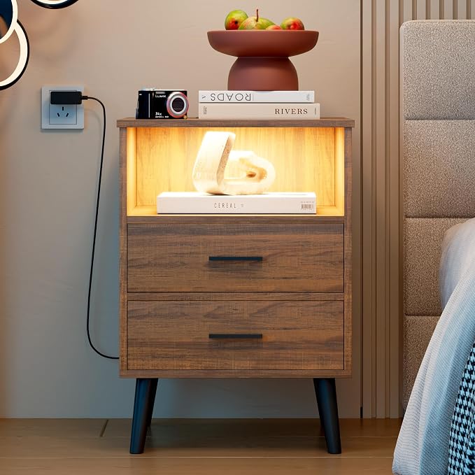 LVSOMT Brown Bedroom Nightstand with Charging Station and LED Lights, Modern Bedside Table with Hidded Drawer, Smart Night Stand with Open Storage Shelf, USB Port, Metal Legs