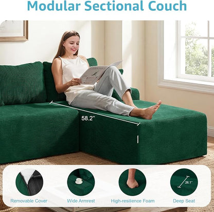 Hobestluk Modular Sectional Sofa Couches L-Shape Couch 3 Seat Modular Sofa Memory Foam Sectional Couches for Living Room, Cloud Couch with Oversized Chaise (Green Corduroy, 96", Right Hand Facing)