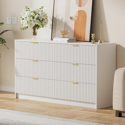 Furniway White Dresser for Bedroom, Modern Dresser with 6 Drawers and Smooth Slides, Wide Chest of Drawers with Golden Handles for Bedroom, Living Room, Closet, 15.7" D x 55.1" W x 31.4" H
