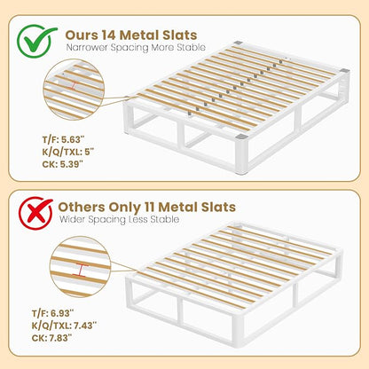 14 Inch Queen Bed Frame with Rounded Corner and Headboard Hole, Metal Platform Bed Frames 6 Non-Slip Guards, 3500lbs Heavy Duty Steel Slat Support, Squeak Free, No Box Spring Needed, White