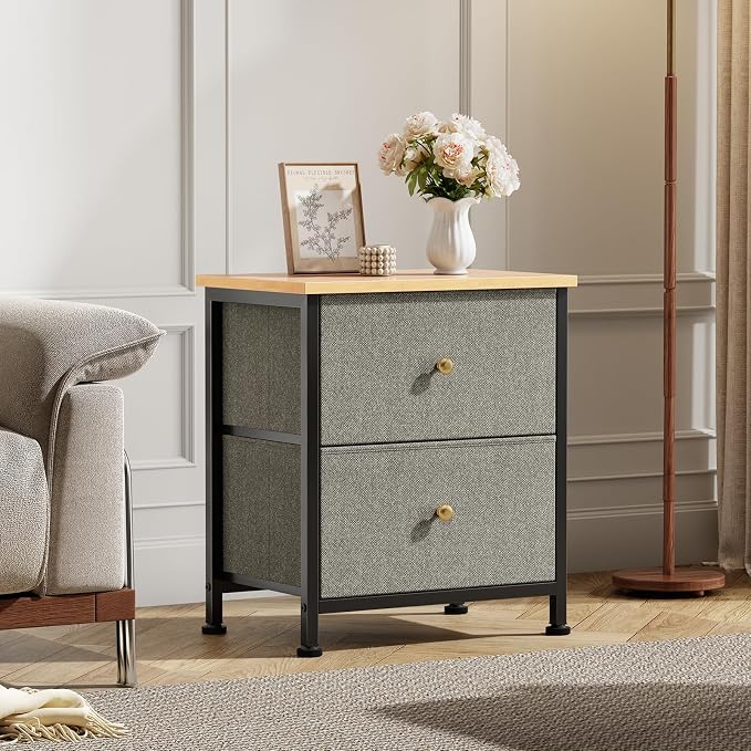 DUMOS Night Stands Set of 2, Bedside Table for Bedroom, Small Dresser | Side/End Table with 2 Fabric Drawers, Storage Cabinet Furniture, 20 Inch Night Stand for Closet, Entryway, Ink Green 2Pack