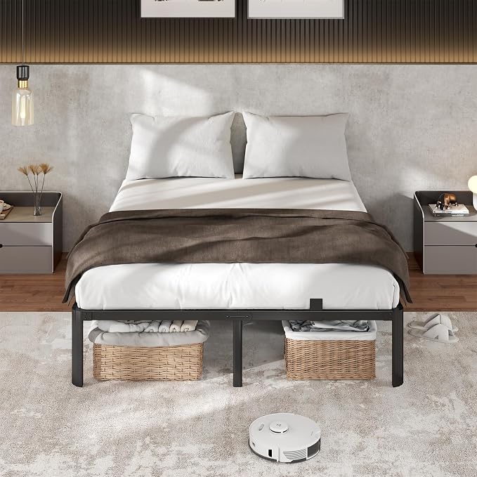 Metal Bed Frame King Size, 14 Inch 3500 lbs Heavy Duty Platform Bed Frames Steel Slats Noise Free No Box Spring Needed, Easy Assemble Sturdy Bedframe with Storage and Mattress Retainers