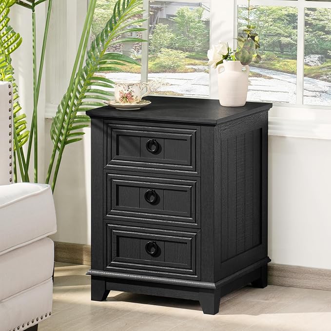 Joaxswe 18" Farmhouse Night Stand with 3 Drawers, Wood End Table Dresser for Bedroom, Black Nightstand, Bed Side Table with Metal Handle, Bedside Cabinet for Bedroom Living Room, Closet
