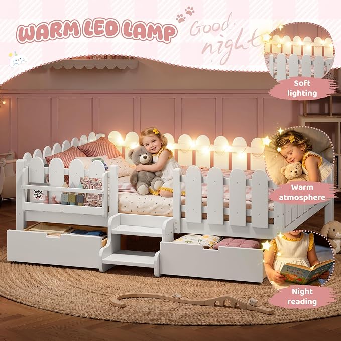 Bellemave Queen Size Montessori Bed with Stairs, Lights, Rails and Slats, Queen Size Montessori Floor Bed with Bookshelf and 2 Storage Drawers, Easy Assemble Beds Frame for Girls, Boys, White