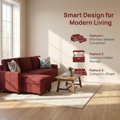 Pull Out Couch, L Shaped Sectional Couch with Pull Out Bed, Convertible Sofa Bed with Storage Chaise, Queen Size Sleeper Sofa, Sofa Bed Couch, Sleeper Sofa with Storage, Red