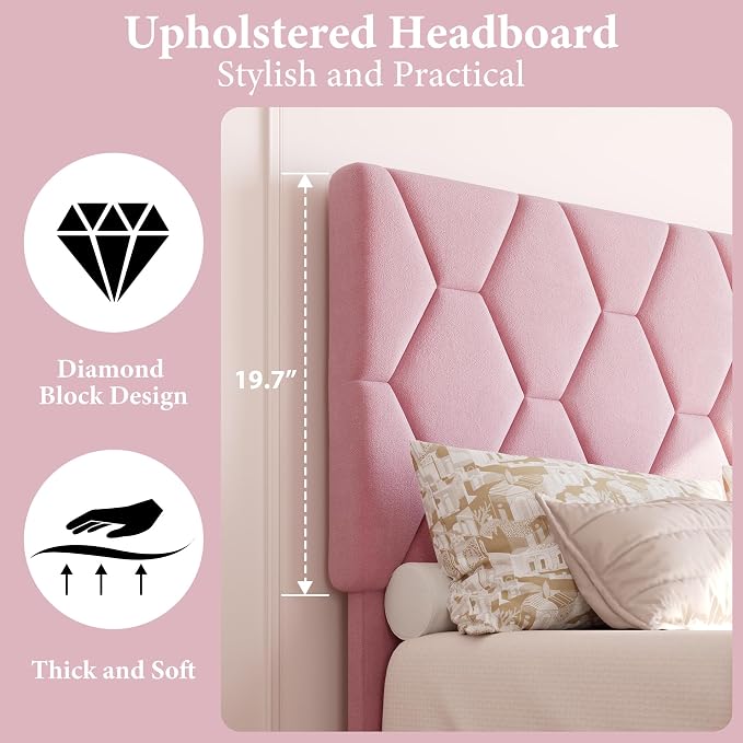 GAOMON Pink Twin Bed Frame with Upholstered Headboard, Heavy-Duty Platform Bed Frame with Strong Wood Slats, No Box Spring Needed/Noise Free/Easy Assembly