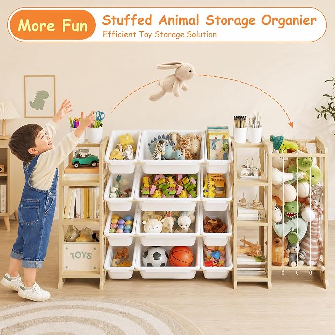 Toy Storage Organizer 4-in-1 Stuffed Animal Storage with 2 Bookshelf and 12 Plastic Bins - Toys Organizer for Kids Room - Wooden Toy Rack for Playroom, Bedroom, Nursery Decor