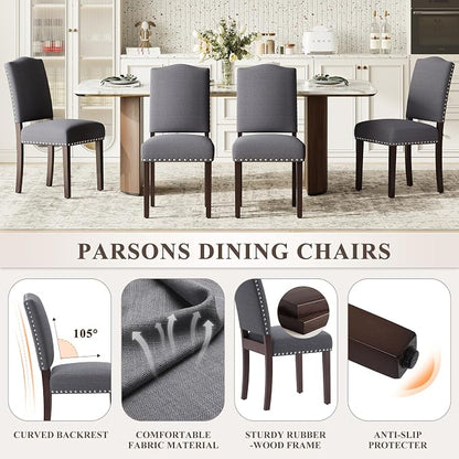 Upholstered Parsons Dining Chairs Set of 4, Modern Dining Room Chairs with Back, Fabric Kitchen Side Chairs with Wood Legs, Nailhead Trim for Dinner Farmhouse Restaurant, Darkgrey