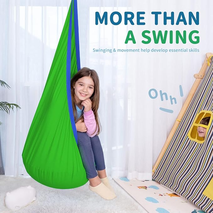 OUTREE Kids Pod Swing Seat, Cotton Child Hammock Swing Chair, Sensory Swing for Indoor and Outdoor Use, Green and Blue