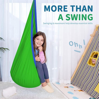 OUTREE Kids Pod Swing Seat, Cotton Child Hammock Swing Chair, Sensory Swing for Indoor and Outdoor Use, Green and Blue