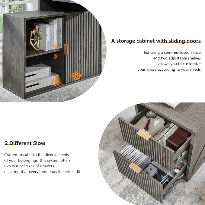 67"Modern Desk with Cabinet & 2 Drawers, Fluted Office Desk Built‑in Outlet | L Shaped Desk ,storage cabinet with sliding doors, Wood Home Office Desk, Fluted Computer Writing Desk, Grayish Green