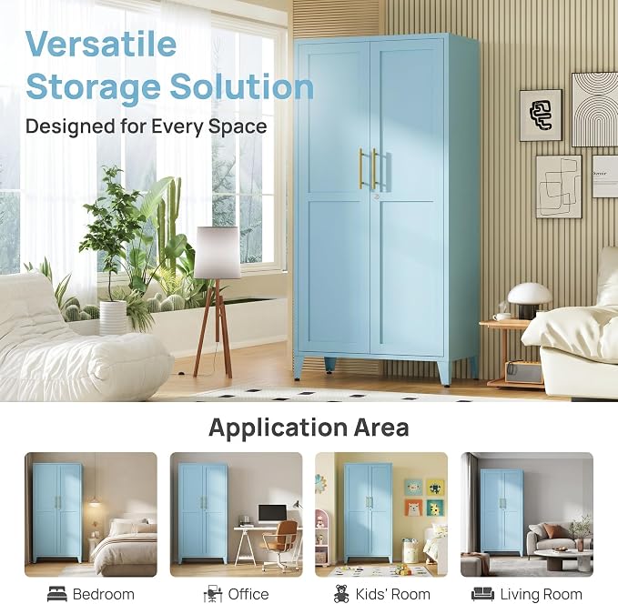 61" Tall Farmhouse Metal Storage Cabinet, Kitchen Pantry Storage Cabinets with 2 Barn Door and 3 Adjustable Shelves, for Home, Office, Kitchen, Laundry Room, Kids Room, Entryway, Blue
