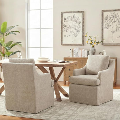VKNOW Upholstered Dining Chairs Set of 2, Modern Kitchen Chairs Dinner Chairs with 4 Casters, Chenille Armchair for Bedroom Reading Room Living Room, Brown