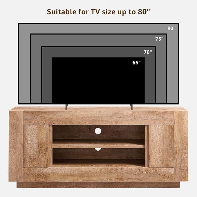 OKD Modern 70" TV Stand, Entertainment Center for TVs Up to 80", Media Console with Large Open Storage & Side Cabinets, Thick Wood Design for Living Room, Light Knotty Oak