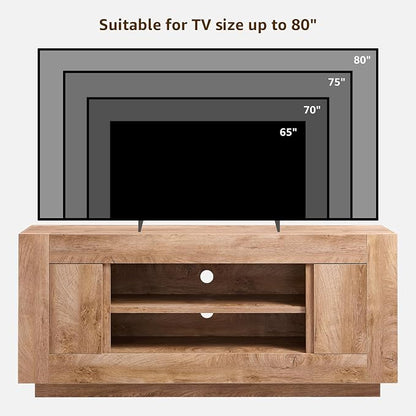 OKD Modern 70" TV Stand, Entertainment Center for TVs Up to 80", Media Console with Large Open Storage & Side Cabinets, Thick Wood Design for Living Room, Light Knotty Oak