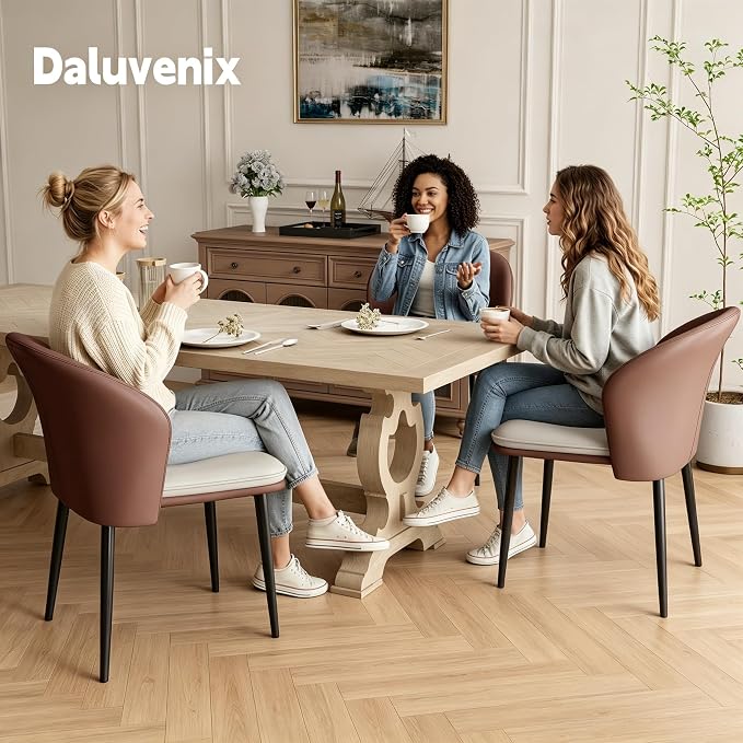 Modern Curved Back Dining Chairs Set of 2, Faux Leather Upholstered Accent Chair, Mid-Century Kitchen Side Chair with Soft Cushion for Dining Room, Living Room, Bedroom, Brown