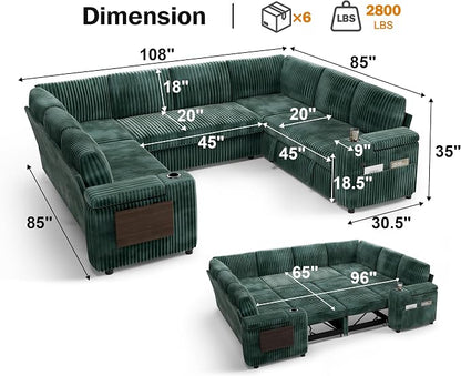 Vipbear 111" Modular Sectional Sleeper Sofa with Pull Out Bed, 8 Seat Plush Corduroy U Shaped Couch with Storage Chaise|USB Ports|Cup Holders|Side Table| Storage Armrests, Tool Free Assembly, Green