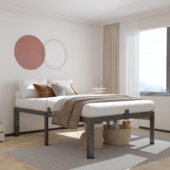 ROIL 16 Inch Twin Bed Frame with Rounded Corner and Headboard Hole Mattress Retainers 3500LBS Metal Heavy Duty Steel Slats No Box Spring Needed Platform Noise-Free Easy Assembly