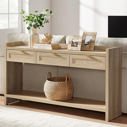 SICOTAS Rattan Console Table for Entryway - Large Boho TV Console Table Entry Table with 3 Storage Drawers, 60" Long Sofa Table Behind Couch for Living Room, Hallway, Foyer