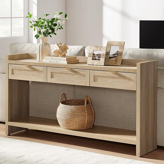SICOTAS Rattan Console Table for Entryway - Large Boho TV Console Table Entry Table with 3 Storage Drawers, 60" Long Sofa Table Behind Couch for Living Room, Hallway, Foyer