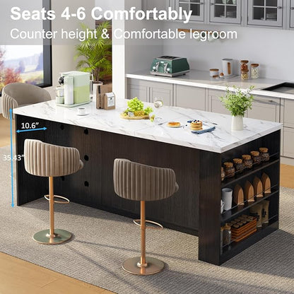 IBF 71" Large kitchen island with storage and seating, White Faux MarbleIsland Table with Drawers, Modern Stationary Island Cabinet & Fridge Space,Counter Height Island Bar for Dining Room, Black Base