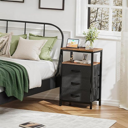 Huuger Nightstands Set of 2, 27.6 Inch End Tables with Charging Station, Fabric Drawers, Bedside Tables with USB-C Port and Outlet, Night Stands for Bedroom, Rustic Brown and Black