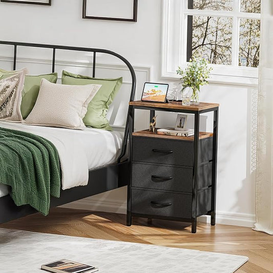 Huuger Nightstands Set of 2, 27.6 Inch End Tables with Charging Station, Fabric Drawers, Bedside Tables with USB-C Port and Outlet, Night Stands for Bedroom, Rustic Brown and Black