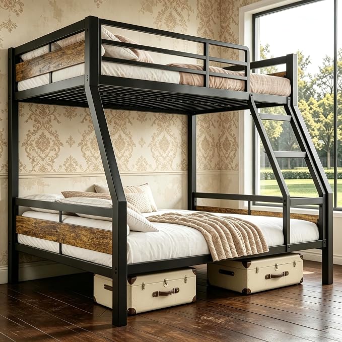 Bunk Bed Twin Over Full, Heavy Duty Metal Bunkbeds with Full-Length Guardrail, Space-Saving Steel Bed for Kids & Adults, No Box Spring Required, Rustic Brown