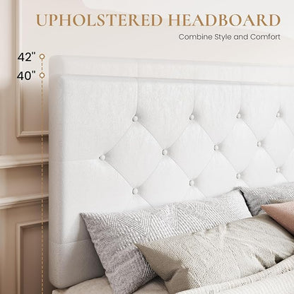 SHA CERLIN Upholstered Full Platform Storage Bed Frame with 4 Drawers, Adjustable Headboard with Faux Leather Diamond Button Tufted Design, Wooden Slat Support, No Box Spring Needed, White