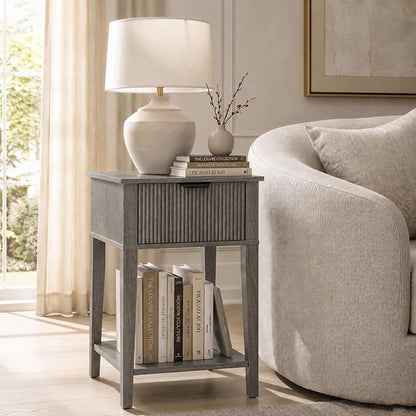 Weathered Gray 15" Wide Small Nightstand, Drawer, Open Shelf, Fluted | Weathered gray tone, ribbed fluted front, 11.8-inch slim depth, concealed storage, cool fit for sofa side or chair side