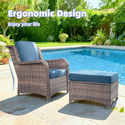 2 Pieces Patio Wicker Furniture Set, High Back Wicker Patio Chair Set with Ottoman, Outdoor Porch Chair with Thick Cushion for Balcony Deck Yard and Porch, Peacock Blue